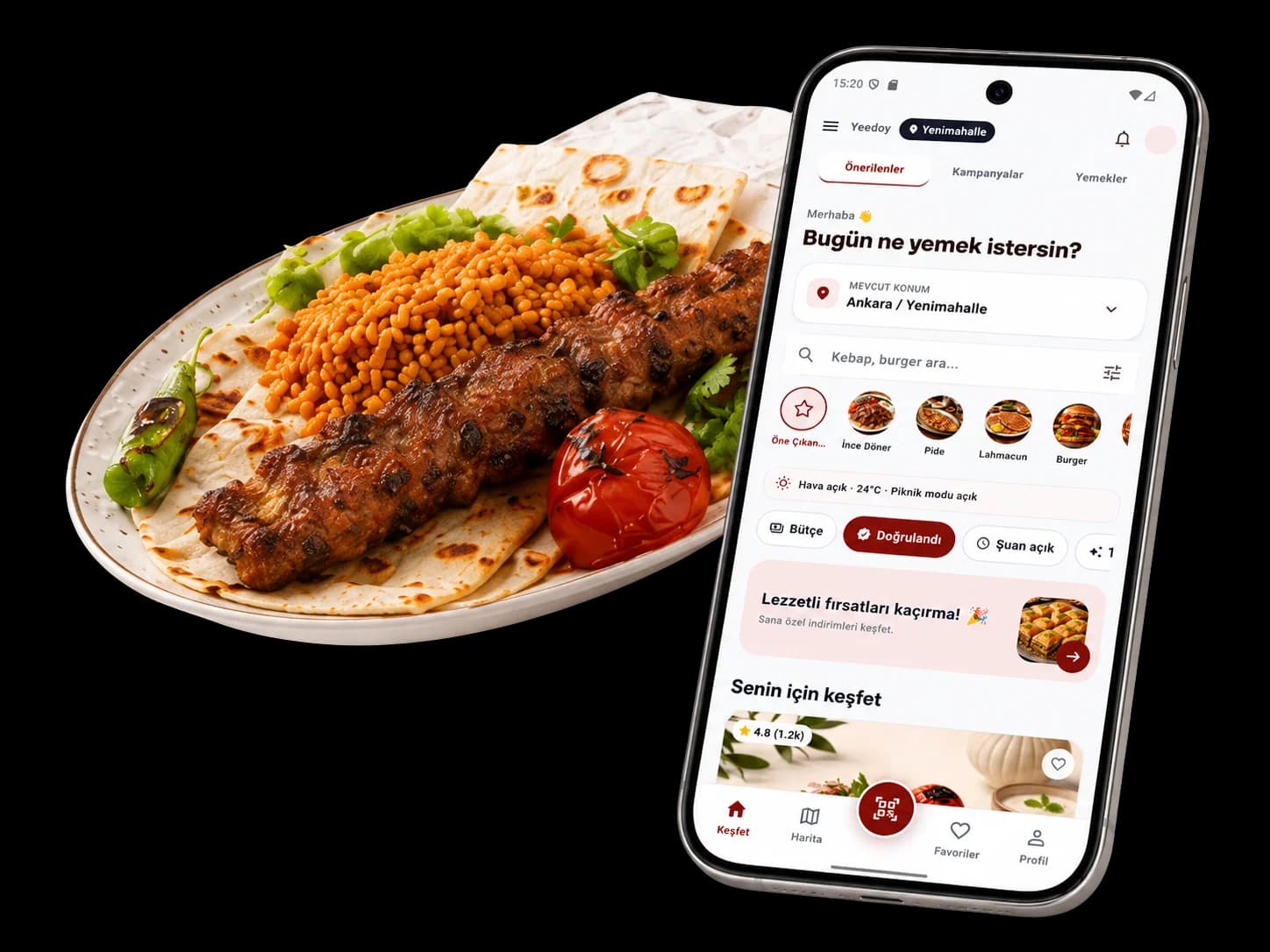 Yeedoy mobil uygulama ve yemek görseli
